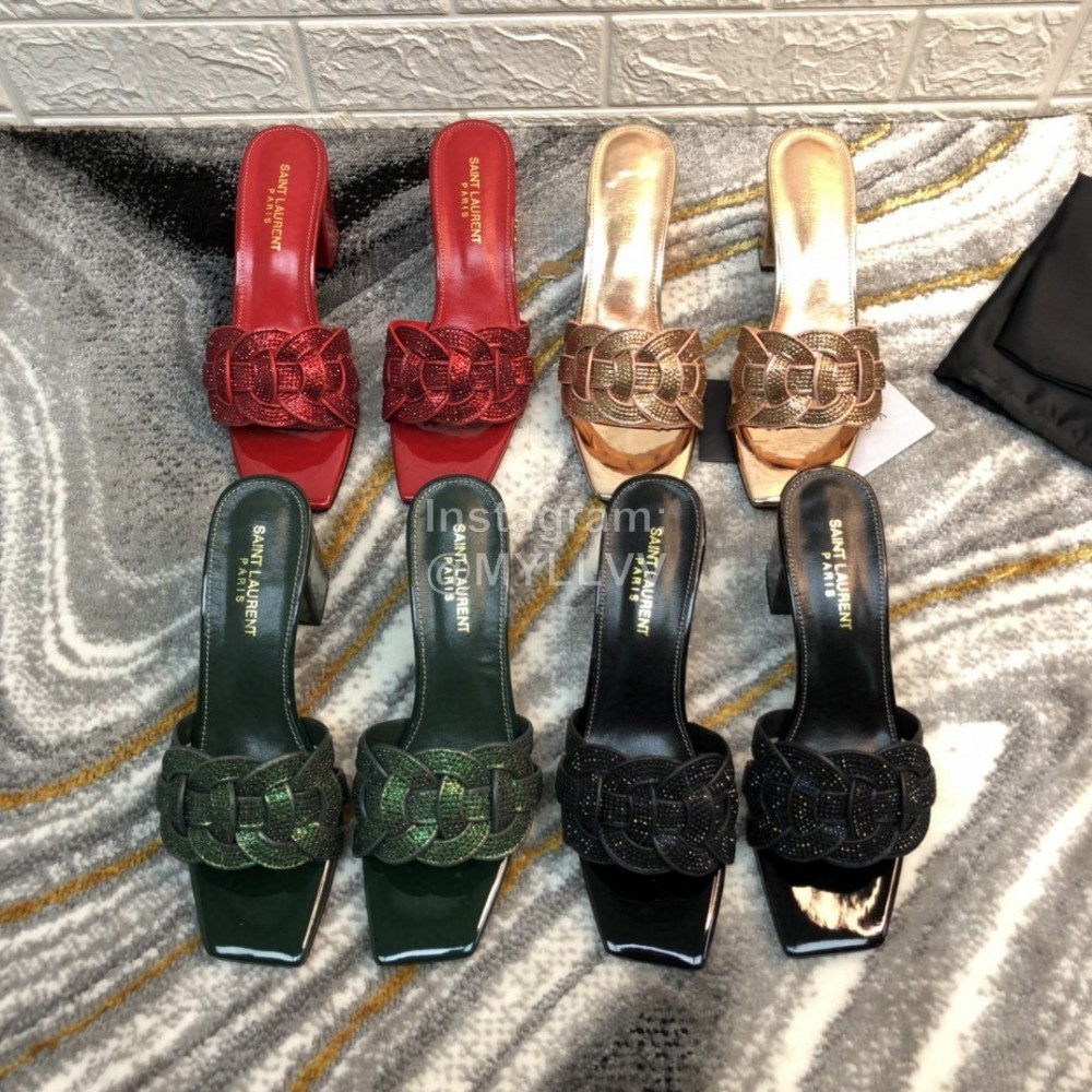 Ysl New Sheepskin High Heel Slippers For Women Green