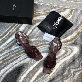 Ysl Fashion Leather High Heel Sandals For Women Purplish Red