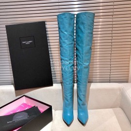 Ysl Autumn Winter Fashion Calf Leather Pointed High Heel Boots For Women Blue