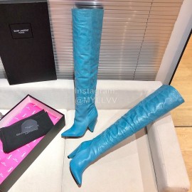 Ysl Autumn Winter Fashion Calf Leather Pointed High Heel Boots For Women Blue