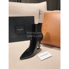 Ysl Fashion Patent Leather Pointed High Heel Boots For Women Black