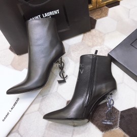 Ysl Fashion Black Calf Leather Pointed High Heel Boots For Women 