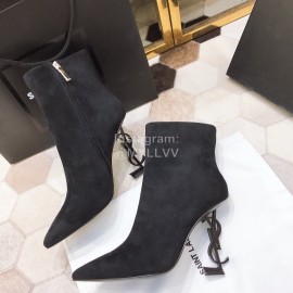 Ysl Fashion Black Velvet Leather Pointed High Heel Boots For Women 