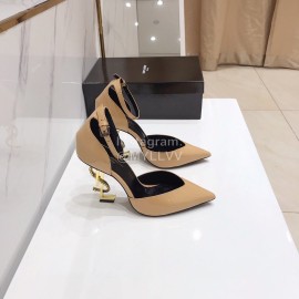 Ysl Fashion Patent Leather Pointed High Heel Sandals For Women Apricot