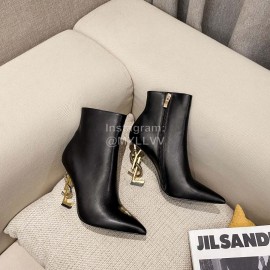 Ysl Autumn Winter Fashion Calf Leather Pointed High Heel Short Boots For Women Black