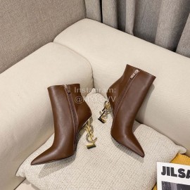 Ysl Autumn Winter Fashion Calf Leather Pointed High Heel Short Boots For Women Brown