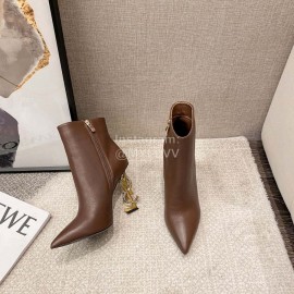 Ysl Autumn Winter Fashion Calf Leather Pointed High Heel Short Boots For Women Brown