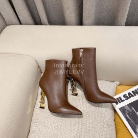 Ysl Autumn Winter Fashion Calf Leather Pointed High Heel Short Boots For Women Brown