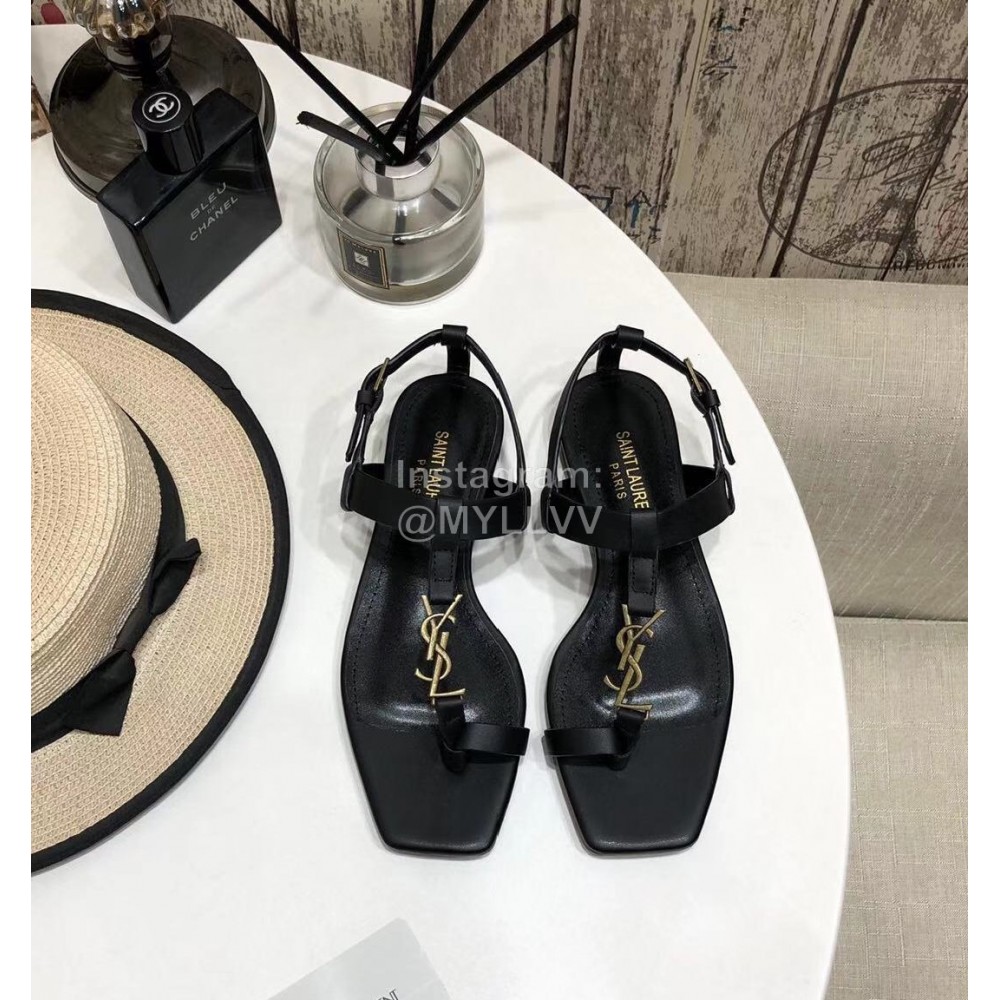 Ysl Spring Summer New Letter Metal Buckle Open Toe Flat Sandals Black