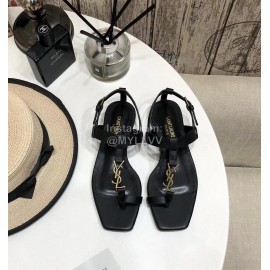 Ysl Spring Summer New Letter Metal Buckle Open Toe Flat Sandals Black