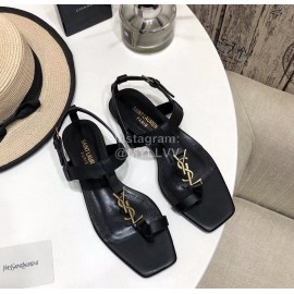 Ysl Spring Summer New Letter Metal Buckle Open Toe Flat Sandals Black
