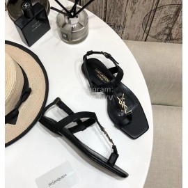 Ysl Spring Summer New Letter Metal Buckle Open Toe Flat Sandals Black