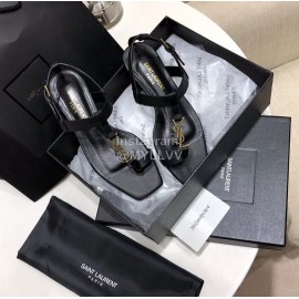 Ysl Spring Summer New Letter Metal Buckle Open Toe Flat Sandals Black