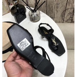 Ysl Spring Summer New Letter Metal Buckle Open Toe Flat Sandals Black