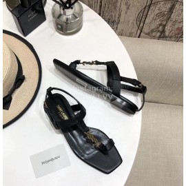 Ysl Spring Summer New Letter Metal Buckle Open Toe Flat Sandals Black