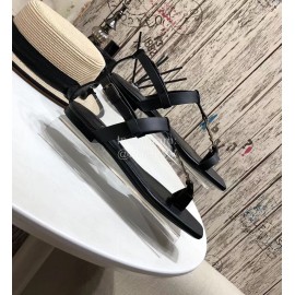 Ysl Spring Summer New Letter Metal Buckle Open Toe Flat Sandals Black