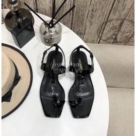 Ysl Spring Summer New Letter Metal Buckle Open Toe Black Flat Sandals