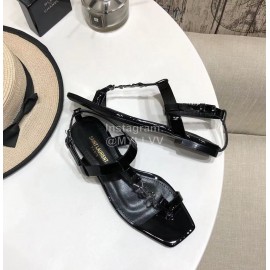 Ysl Spring Summer New Letter Metal Buckle Open Toe Black Flat Sandals