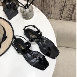 Ysl Spring Summer New Letter Metal Buckle Open Toe Black Flat Sandals
