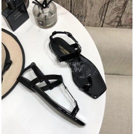 Ysl Spring Summer New Letter Metal Buckle Open Toe Black Flat Sandals