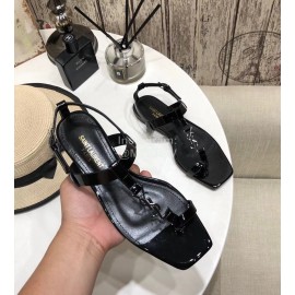 Ysl Spring Summer New Letter Metal Buckle Open Toe Black Flat Sandals