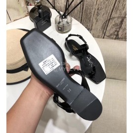 Ysl Spring Summer New Letter Metal Buckle Open Toe Black Flat Sandals