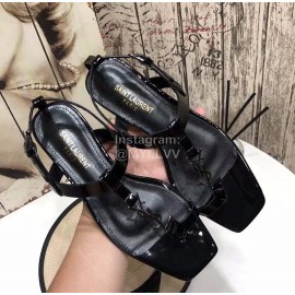 Ysl Spring Summer New Letter Metal Buckle Open Toe Black Flat Sandals