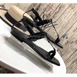 Ysl Spring Summer New Letter Metal Buckle Open Toe Black Flat Sandals