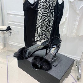 Ysl Amber Mink Hair High Heeled Sandals For Women Black