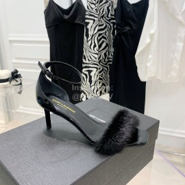 Ysl Amber Mink Hair High Heeled Sandals For Women Black