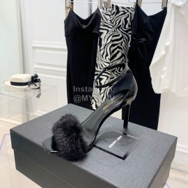 Ysl Amber Mink Hair High Heeled Sandals For Women Black