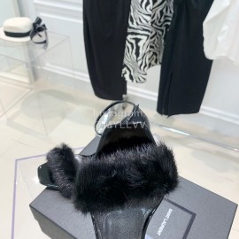 Ysl Amber Mink Hair High Heeled Sandals For Women Black