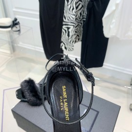 Ysl Amber Mink Hair High Heeled Sandals For Women Black