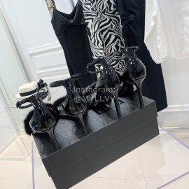 Ysl Amber Mink Hair High Heeled Sandals For Women Black