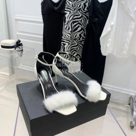 Ysl Amber Mink Hair High Heeled Sandals For Women White