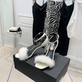 Ysl Amber Mink Hair High Heeled Sandals For Women White