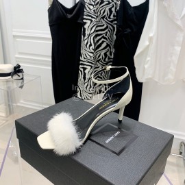 Ysl Amber Mink Hair High Heeled Sandals For Women White