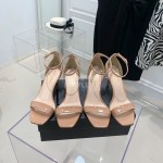 Ysl Amber Patent Leather High Heeled Sandals For Women Apricot