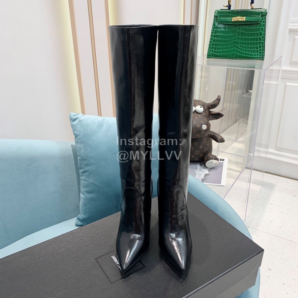 Ysl Fashion Cowhide Thick High Heeled Long Boots For Women Black