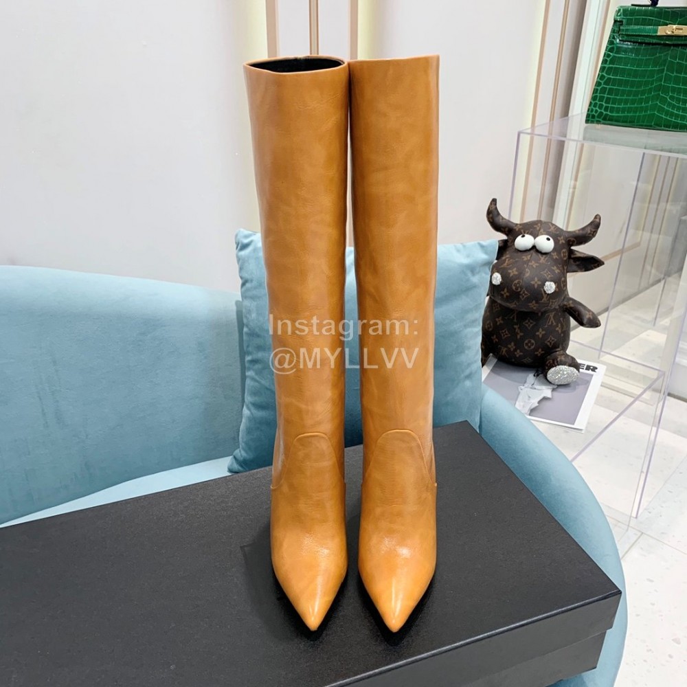 Ysl Fashion Cowhide Thick High Heeled Long Boots For Women Brown