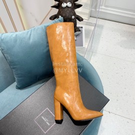 Ysl Fashion Cowhide Thick High Heeled Long Boots For Women Brown