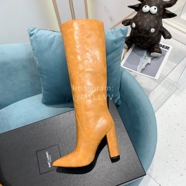 Ysl Fashion Cowhide Thick High Heeled Long Boots For Women Brown