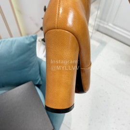 Ysl Fashion Cowhide Thick High Heeled Long Boots For Women Brown