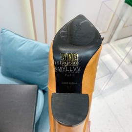 Ysl Fashion Cowhide Thick High Heeled Long Boots For Women Brown