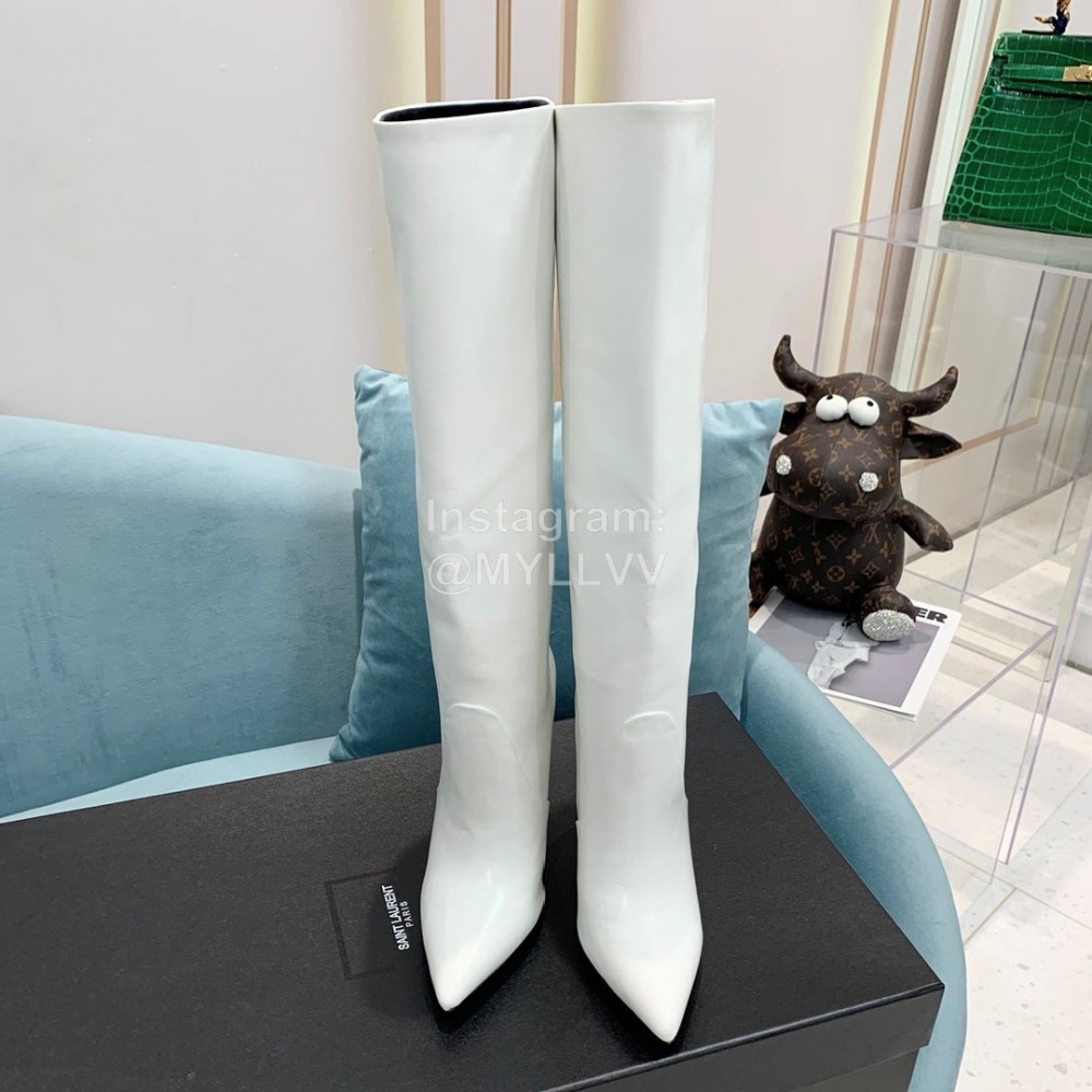 Ysl Fashion Cowhide Thick High Heeled Long Boots For Women White