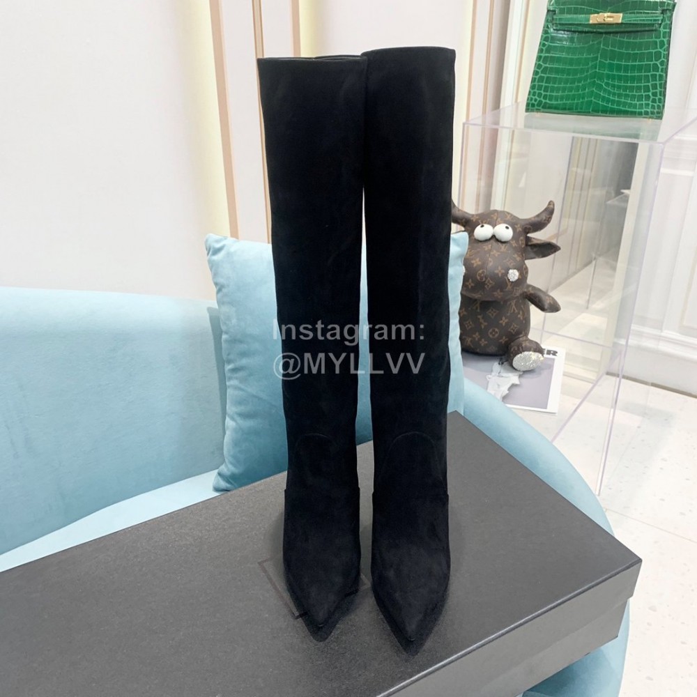 Ysl Fashion Cowhide Suede Thick High Heeled Long Boots For Women Black