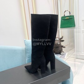 Ysl Fashion Cowhide Suede Thick High Heeled Long Boots For Women Black
