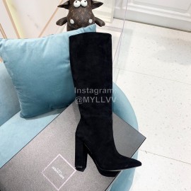 Ysl Fashion Cowhide Suede Thick High Heeled Long Boots For Women Black