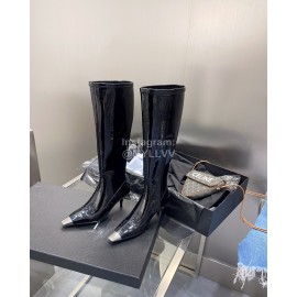 Ysl Fashion Patent Leather High Heeled Long Boots For Women Black