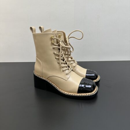 Chanel Chain Square Toe Thick Heel Lace Up Zipper Short Boots